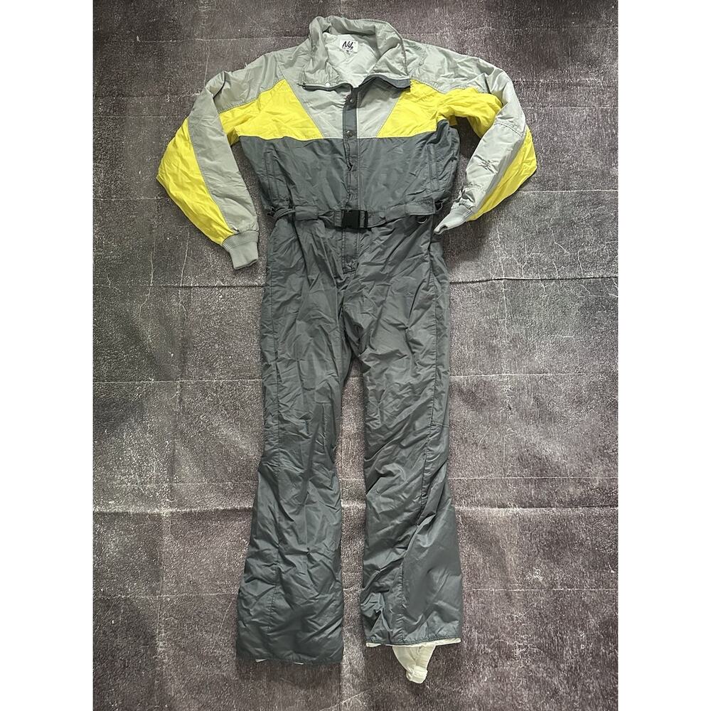 Men's Vintage 90's Nils USA Neon Yellow Silver Color Block Snow Ski Suit Sz XL